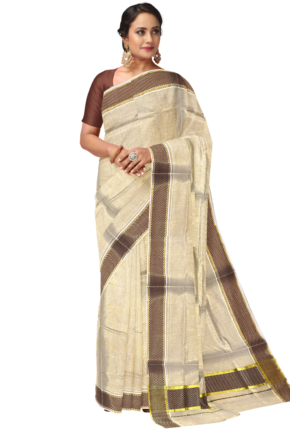 Kerala Kasavu Tissue Saree with Brown Paa Neythu Border