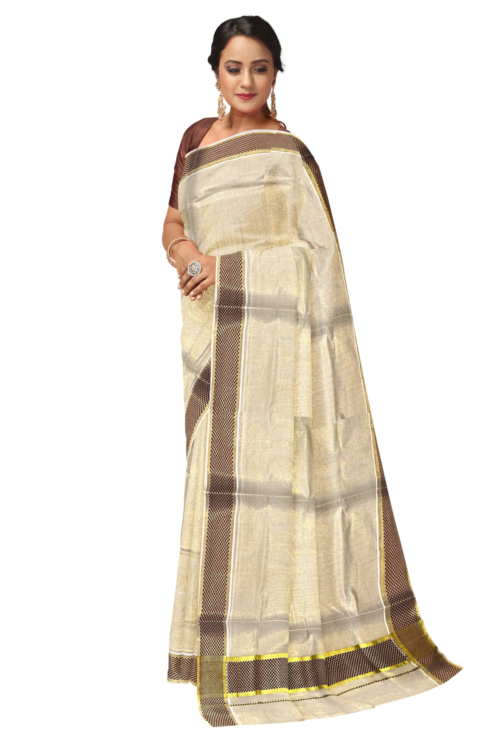 Kerala Kasavu Tissue Saree with Brown Paa Neythu Border