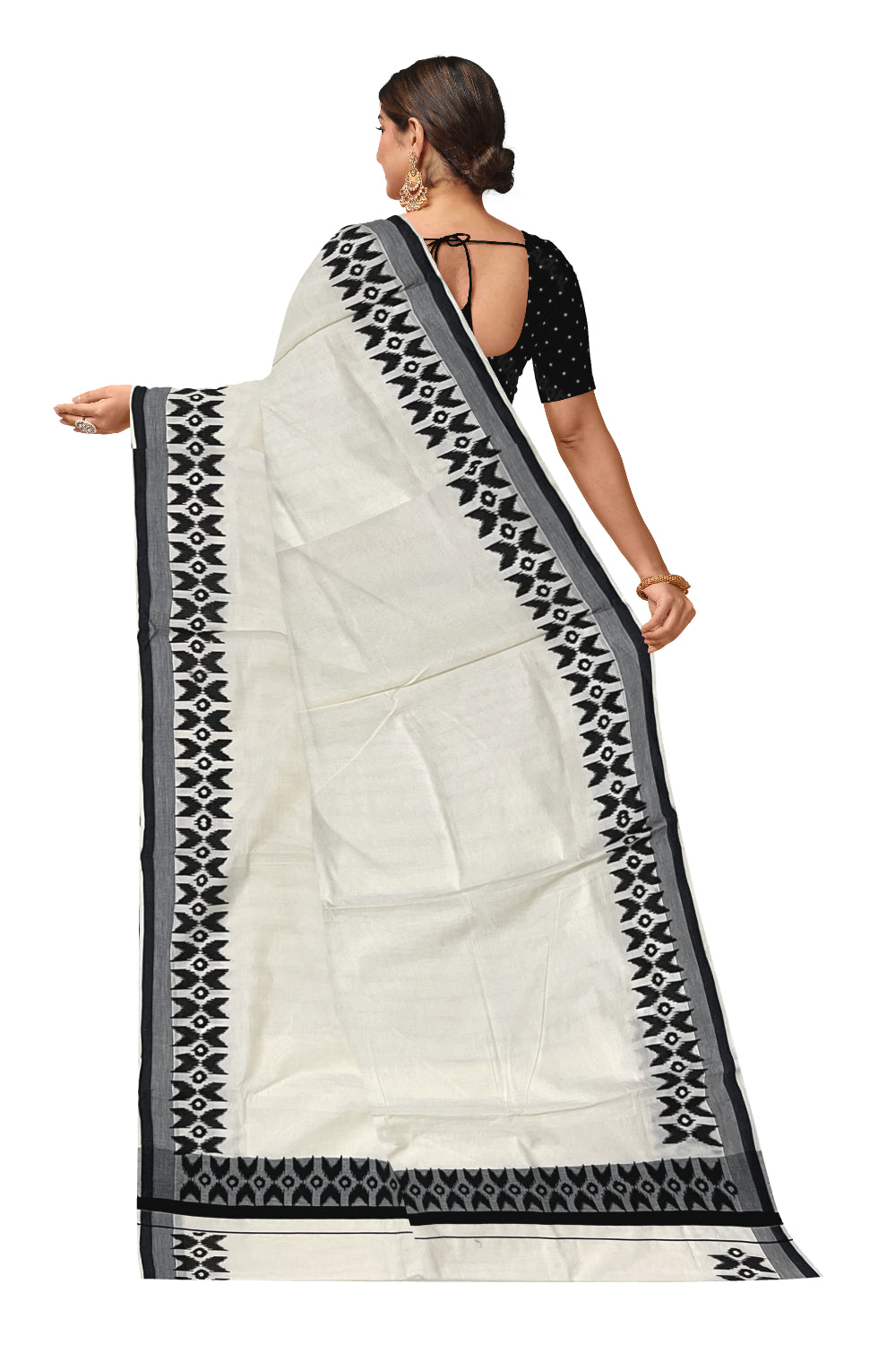 Kerala Cotton Saree with Black Block Printed Border