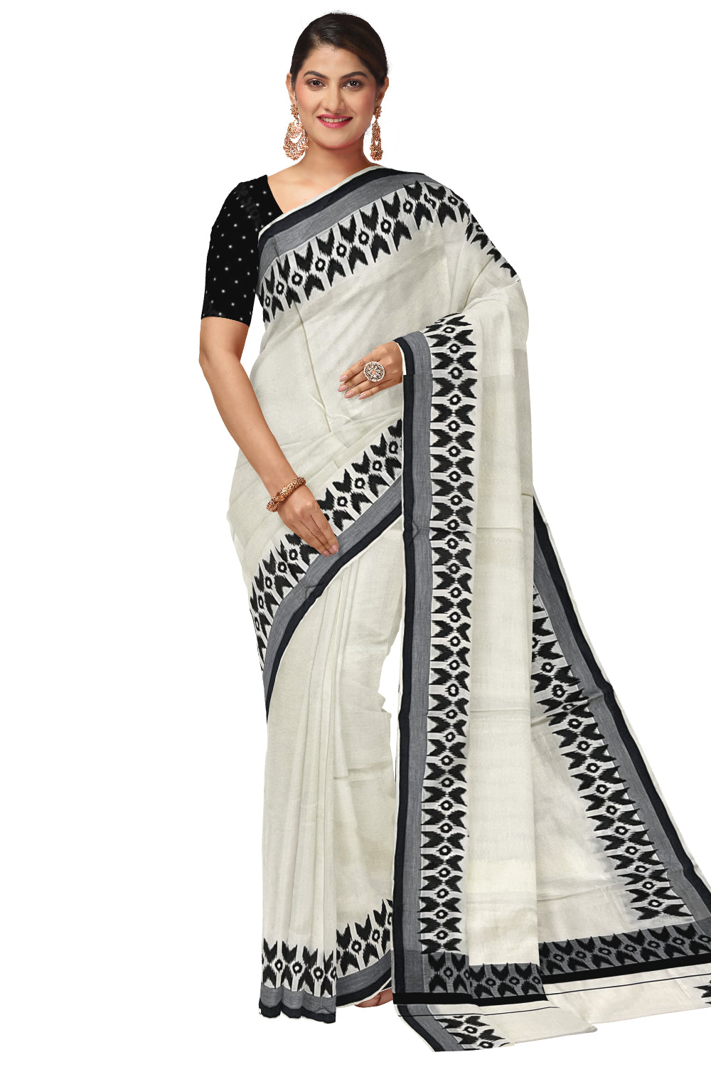 Kerala Cotton Saree with Black Block Printed Border