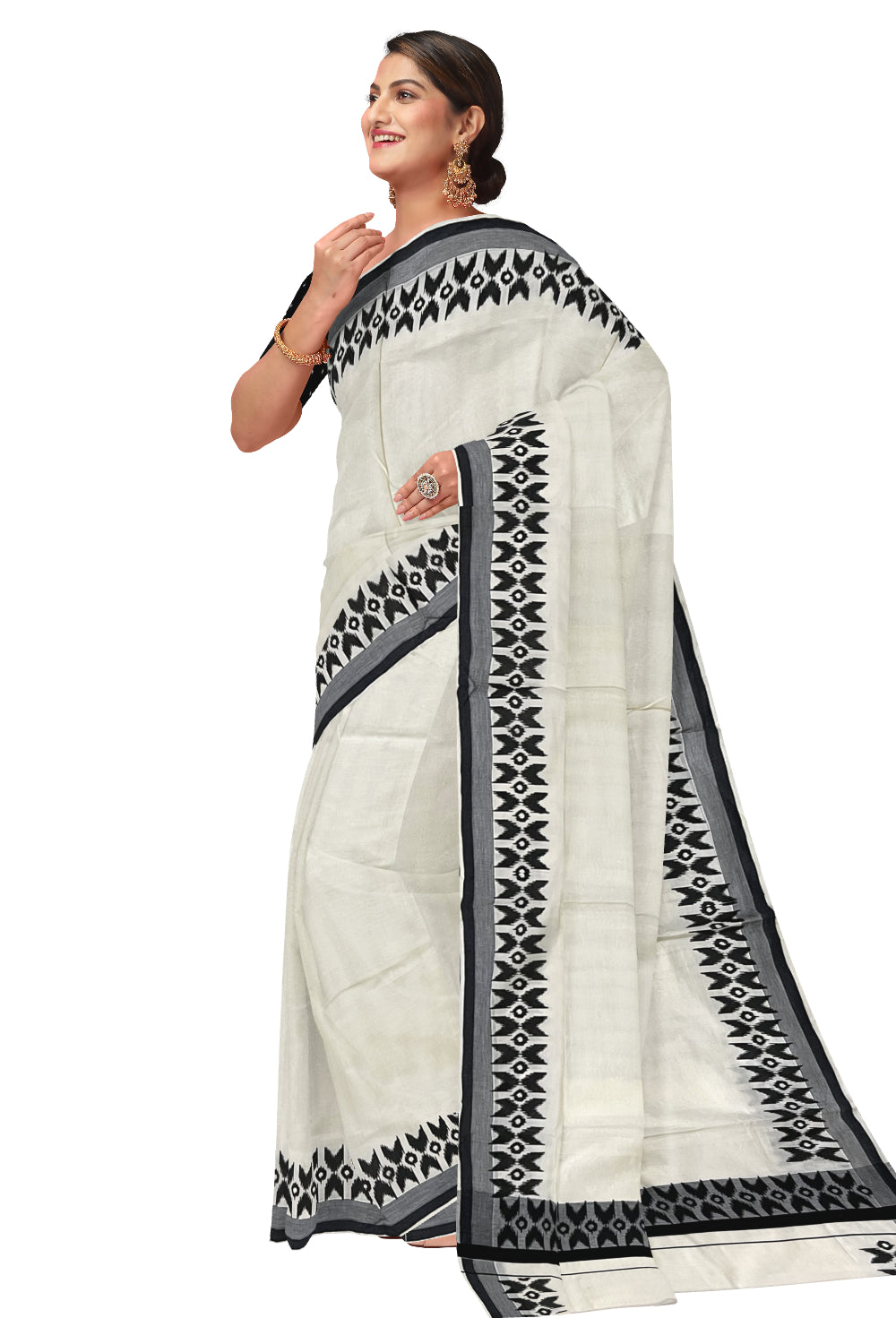 Kerala Cotton Saree with Black Block Printed Border