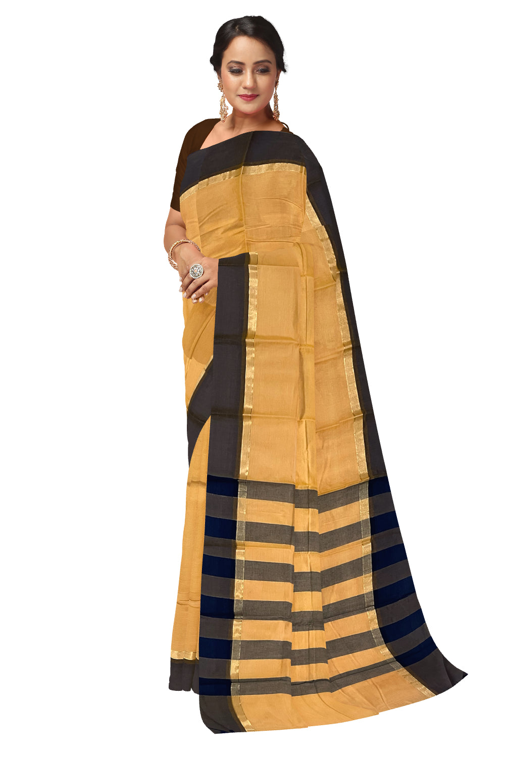 Southloom Cotton Beige Plain Saree with Dark Green Border