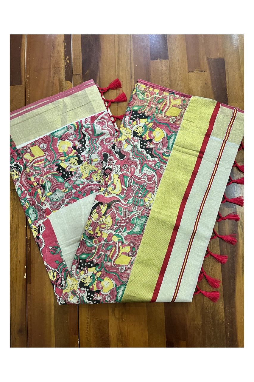 Kerala Tissue Kasavu Saree with Mural Art Printed Design and Red Border