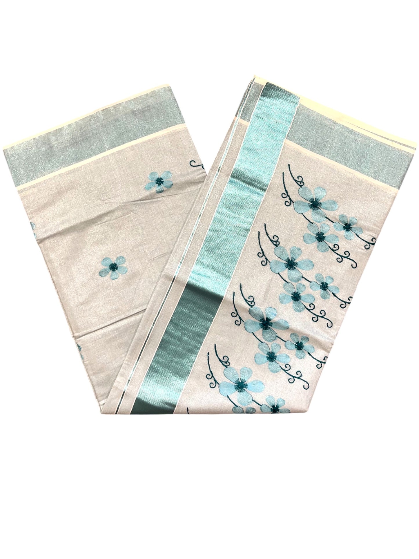 Southloom Kerala Tissue Kasavu Saree with Blue Floral Embroidery on Body and Border