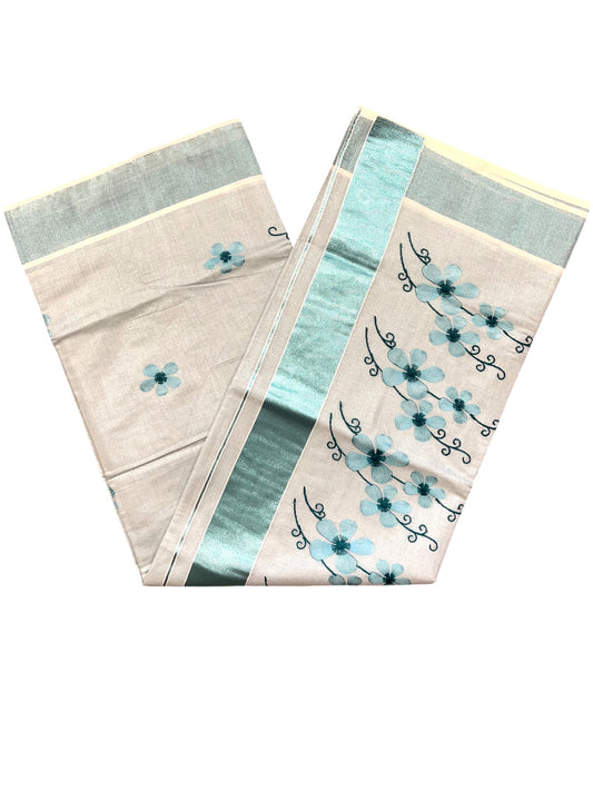 Southloom Kerala Tissue Kasavu Saree with Blue Floral Embroidery on Body and Border