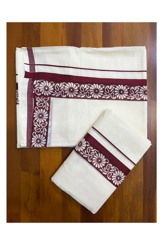 Kerala Cotton Kasavu Single Set Mundu (Mundum Neriyathum) with Maroon Kara and  Block prints (Onam 2024 Collection)