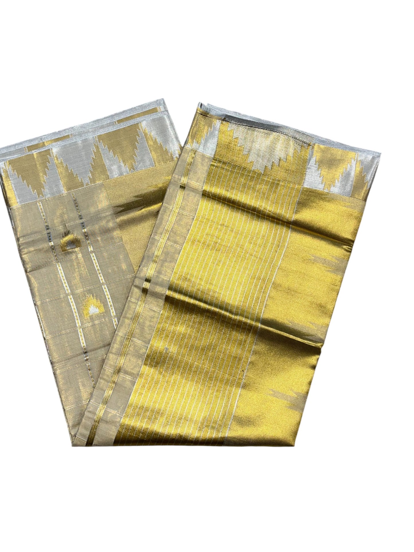 Southloom Kerala Tissue Kasavu Check Saree with Temple Border