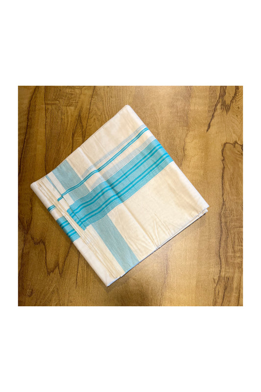 Pure Cotton Mundu with White Lines and Blue Border (South Indian Kerala Dhoti) (