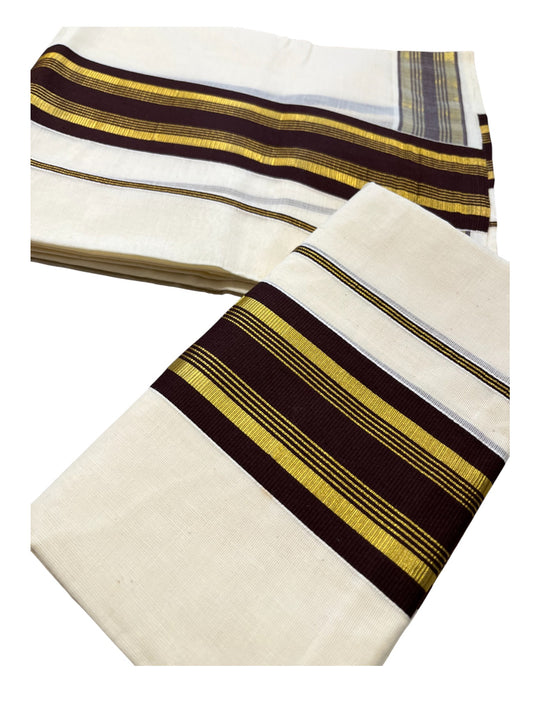 Kerala Cotton Set Mundu (Mundum Neriyathum) with Kasavu and Brown Border