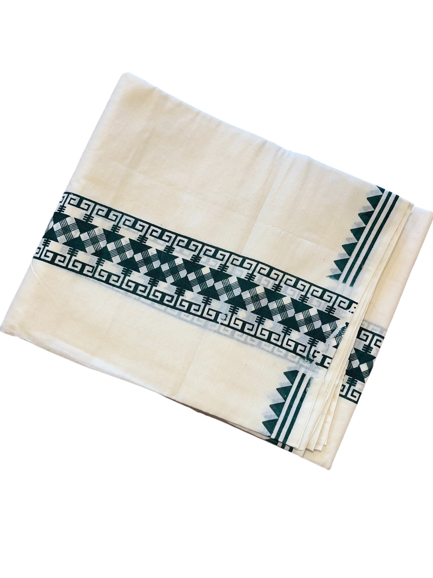 Southloom Pure Cotton Double Mundu with Block Prints on Dark Green Kara (South Indian Kerala Dhoti)
