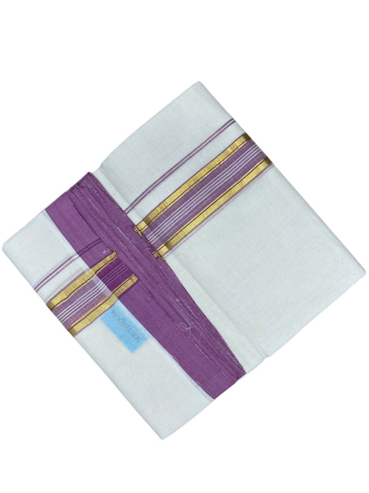 Southloom Balaramapuram Premium Handloom Cotton Double Mundu with Gold Kasavu and Pink Border