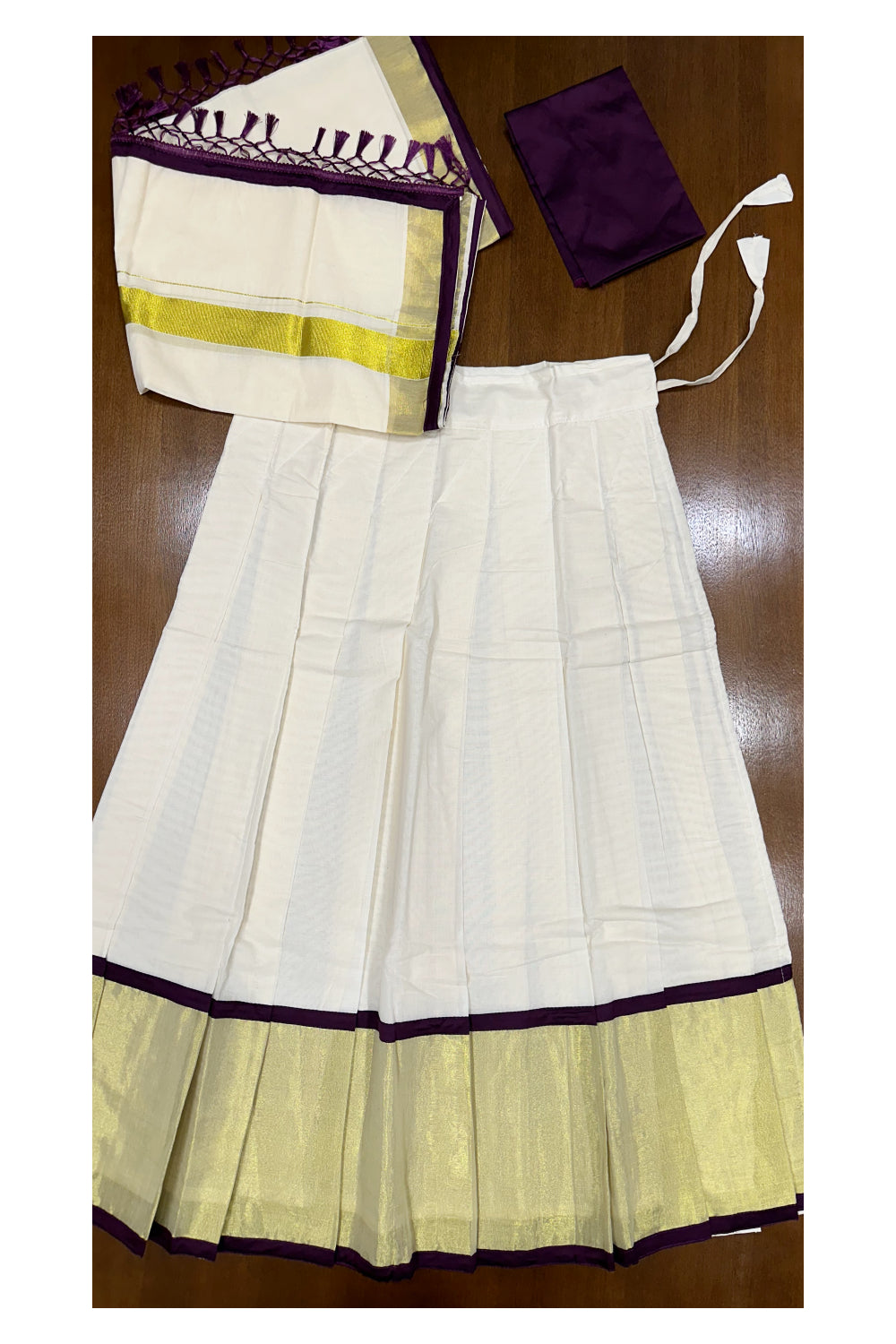 Southloom Semi Stitched Cotton Dhavani Set with Kasavu Border and Violet Blouse Piece