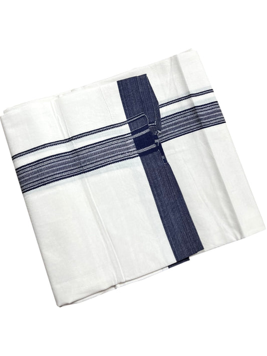 Southloom Pure White Cotton Mundu with Blue Lines Border (South Indian Kerala Dhoti)