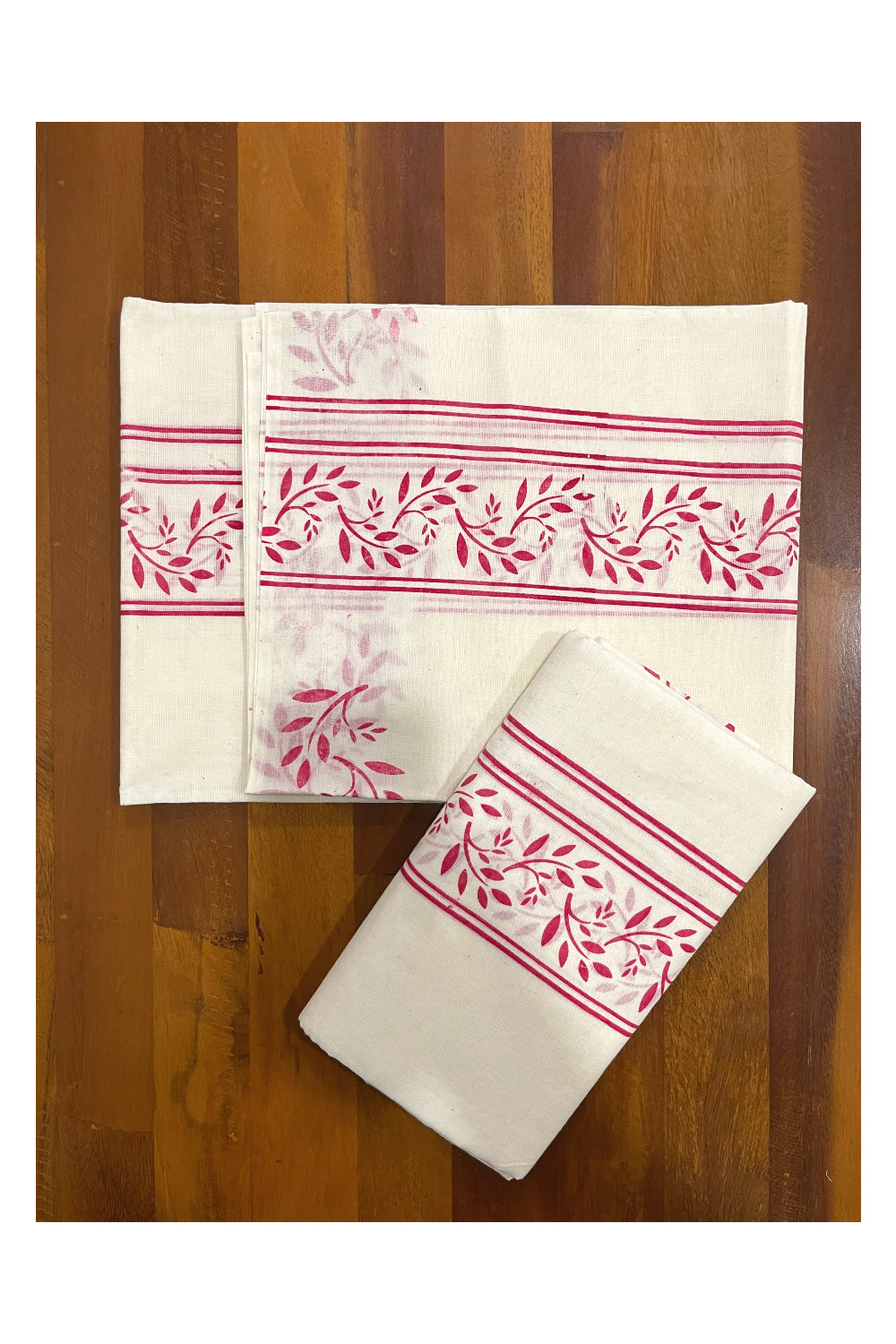 Pure Cotton Kerala Single Set Mundu (Mundum Neriyathum) with Red Block Prints on Border