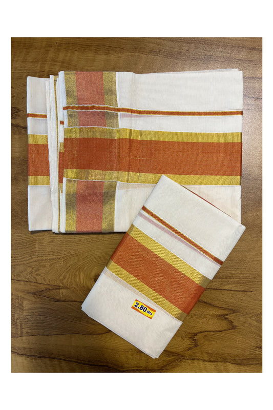 Kerala Cotton Set Mundu (Mundum Neriyathum) with Orange and Kasavu Border 2.80 Mtrs