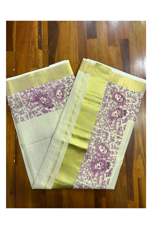 Kerala Tissue Kasavu Saree with Light Purple Krishna Radha Floral Prints on Border And Pallu. (Vishu 2024 Collection)
