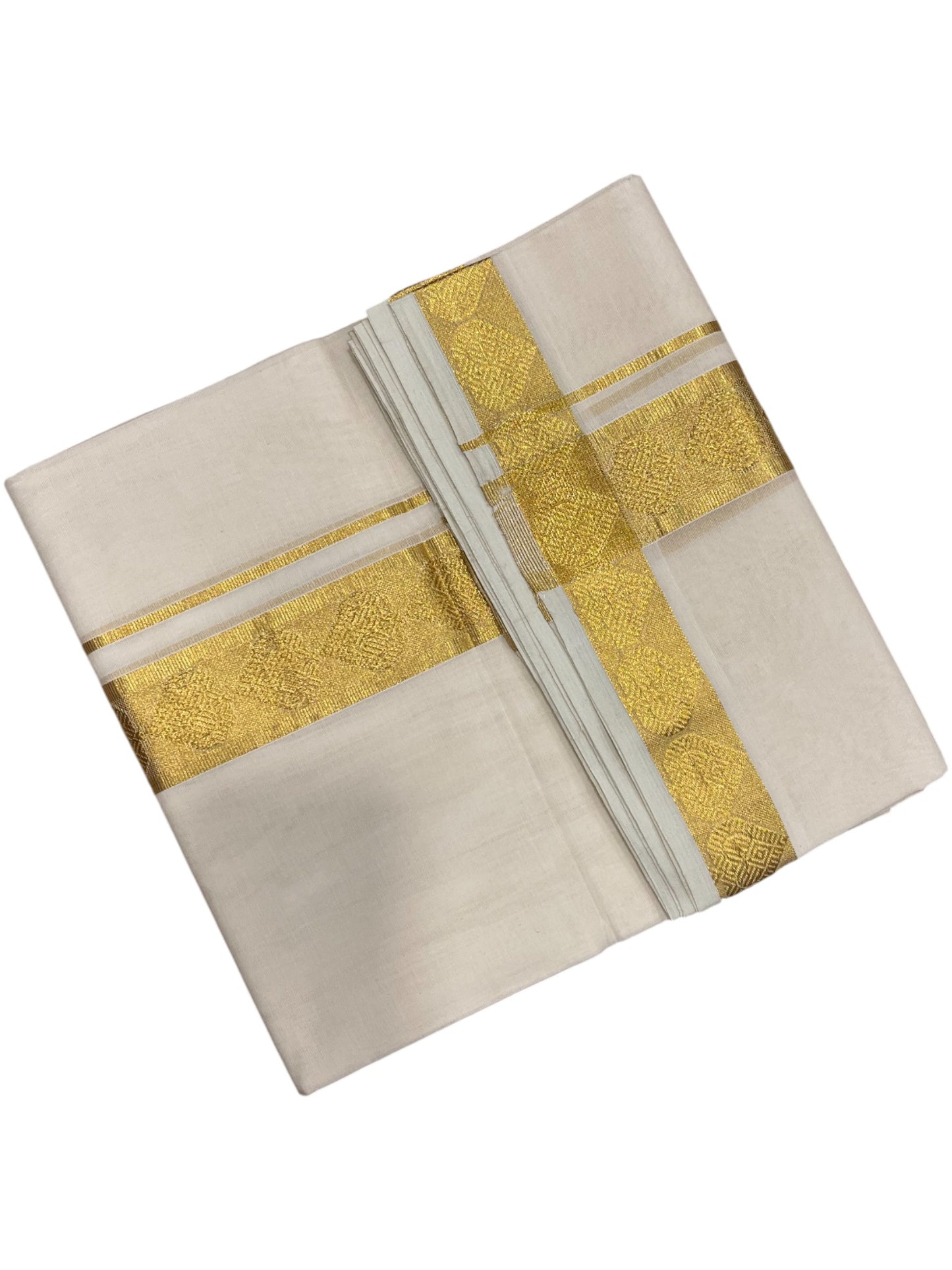 Southloom Premium Handloom Cotton Double Mundu with Gold And Woven Work Kasavu Border