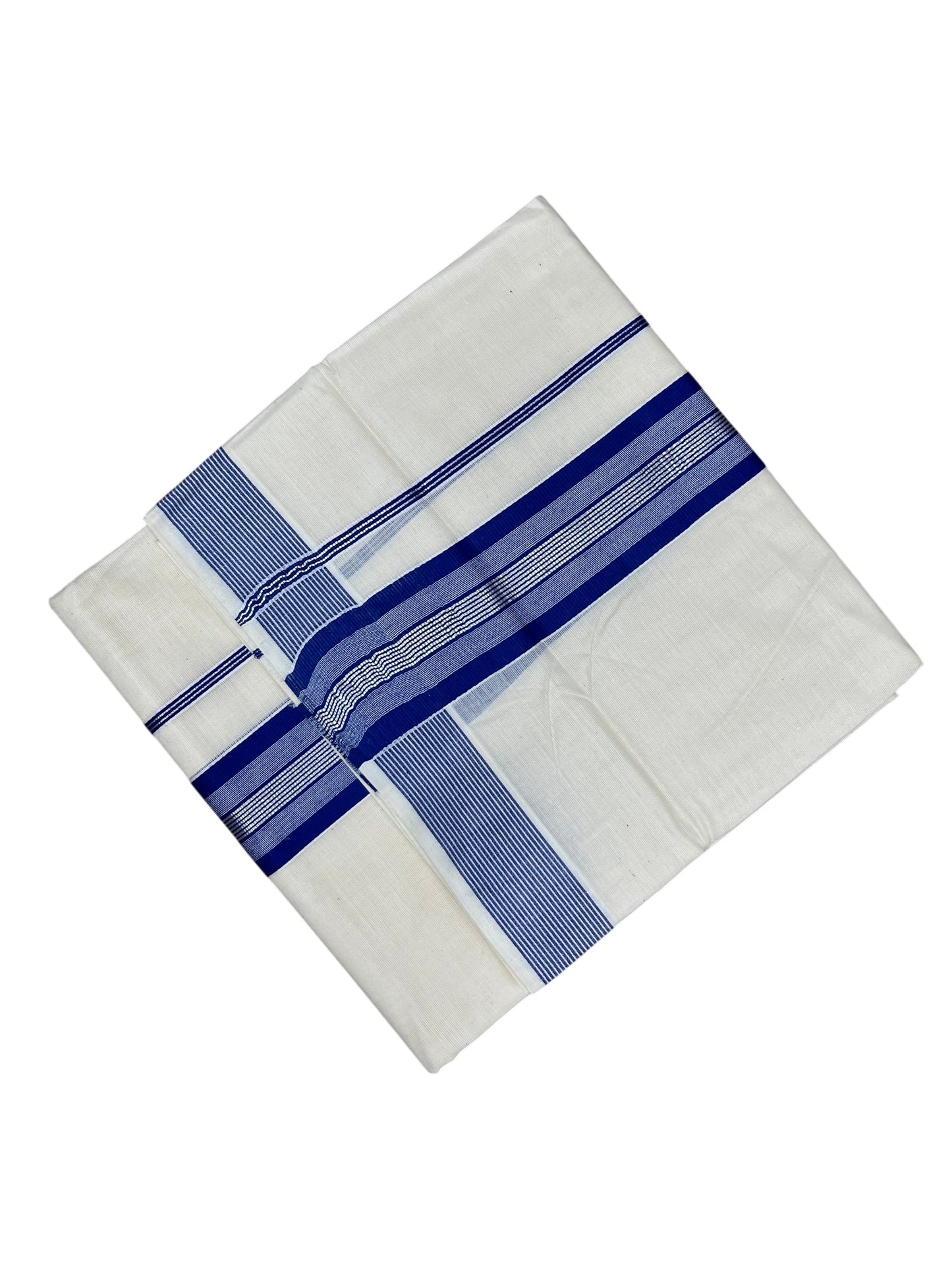 Southloom Pure Cotton Mundu with Silver Lines and Blue Border (South Indian Kerala Dhoti)