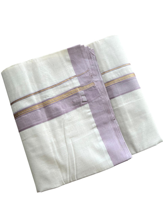 Southloom Pure Cotton Mundu with Golden Lines and Lavender Border (South Indian Kerala Dhoti)