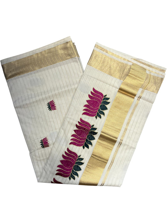 Southloom Kerala Cotton Kasavu Line Saree with Magenta Lotus Embroidery Works