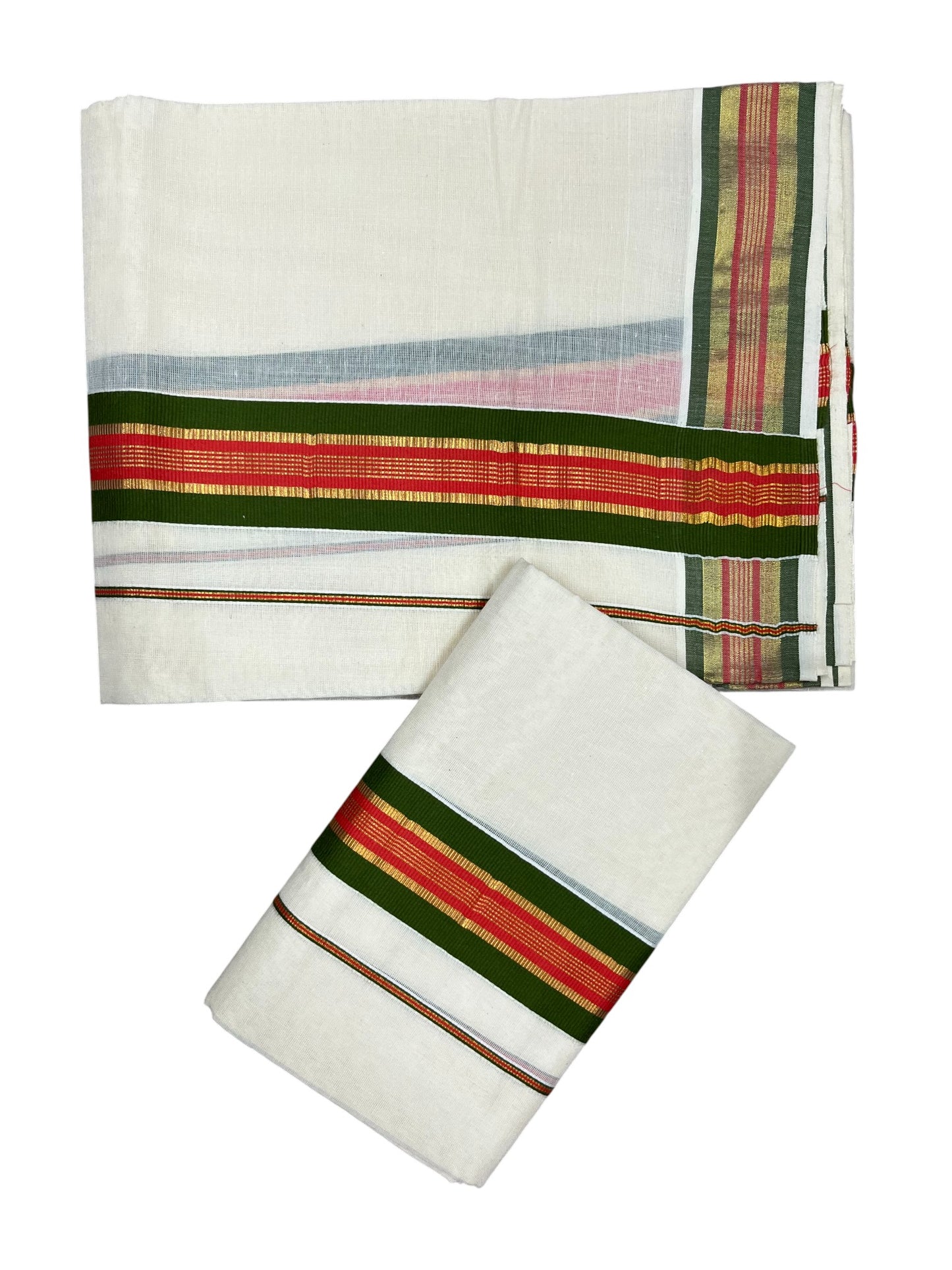 Kerala Cotton Single Set Mundu (Mundum Neriyathum) with Green and Orange Kasavu Border in 2.80 Mtrs