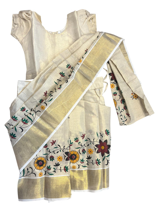 Southloom Kerala Ready to Wear And Tissue Kasavu Pavada Blouse with Priented Work for Kids (Age 1)