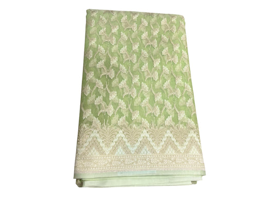 Southloom Cotton Banarasi Silk Saree with Woven Work on Body and Borders (Green)