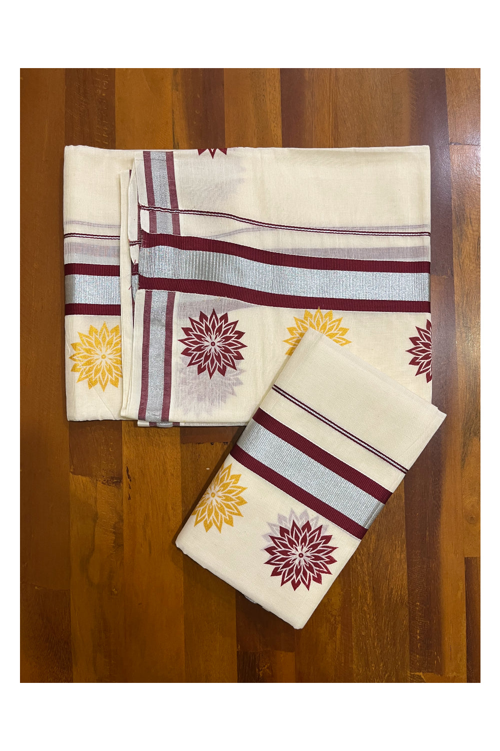 Kerala Cotton Mundum Neriyathum Single (Set Mundu) with Maroon Golden Floral Block Prints in Maroon Silver Kasavu Border