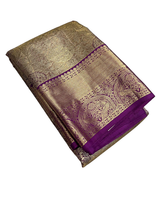 Southloom Premium Handloom Bridal Kanchipuram Silk Saree with Korvai Work (Beige & Violet)