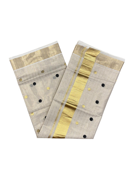 Southloom Kerala Tissue Kasavu Saree with Gold& Black Polka Embroidery Works on Body