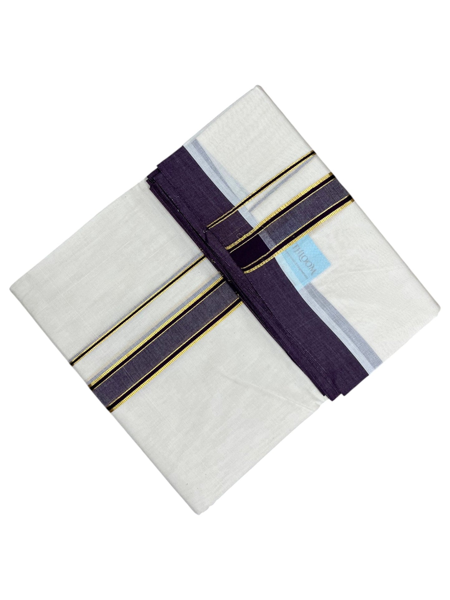 Southloom Pure Cotton Mundu with Gold Lines and purple Border (South Indian Kerala Dhoti)