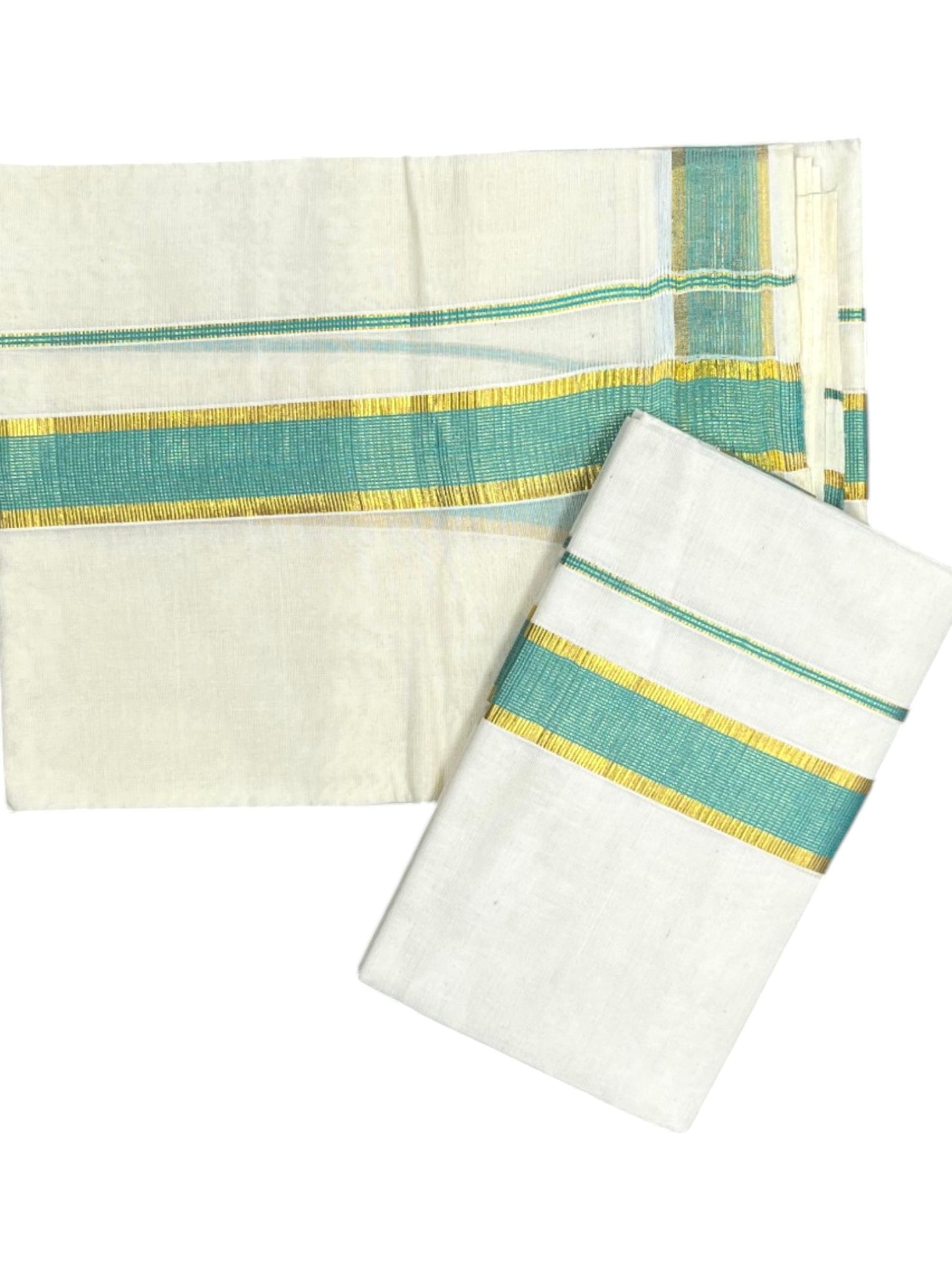 Southloom Pure Cotton Kerala Kasavu Set Mundu (Mundum Neriyathum) Kasavu & Turquoise Blue Border in 2.80 Mtrs SLKK SL470