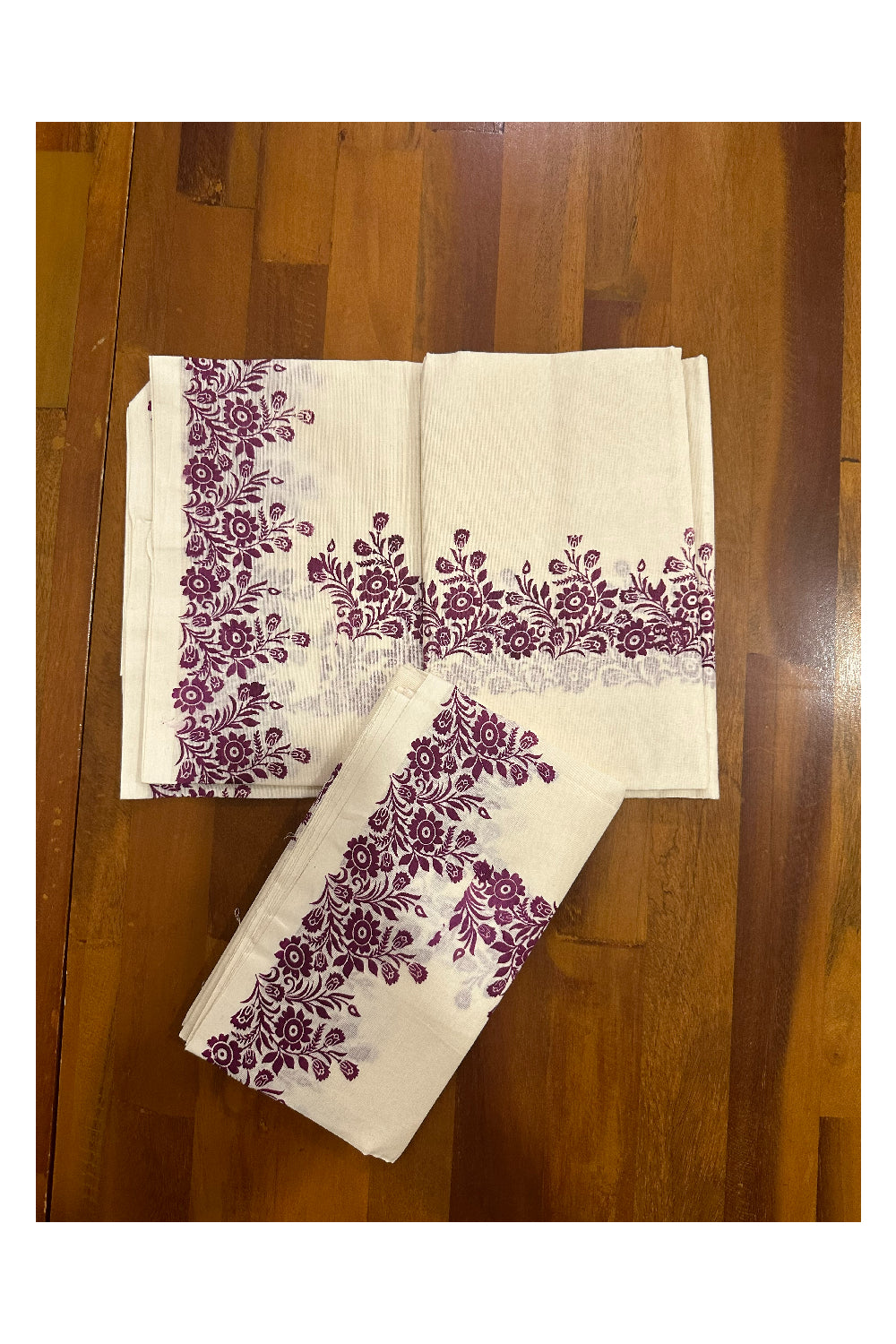 Kerala Cotton Set Mundu (Mundum Neriyathum) with Purple Floral Block Printed Border (Onam Set Mundu 2023)