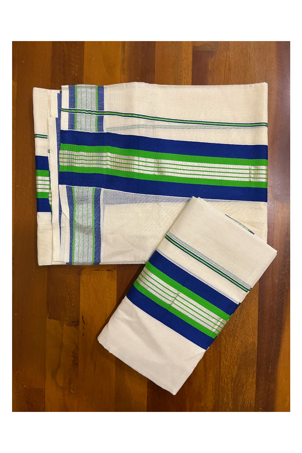 Kerala Cotton Silver Kasavu Set Mundu (Mundum Neriyathum) with Blue and Light Green Border 2.80 Mtrs