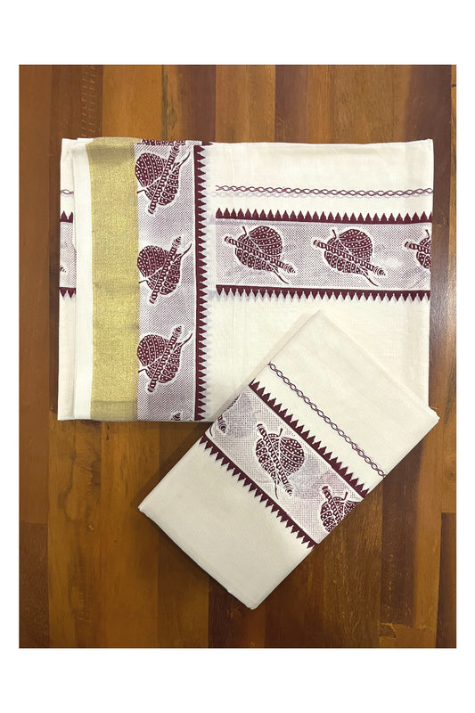Cotton Kerala Single Set Mundu with Brown Leaf Block Prints on Border