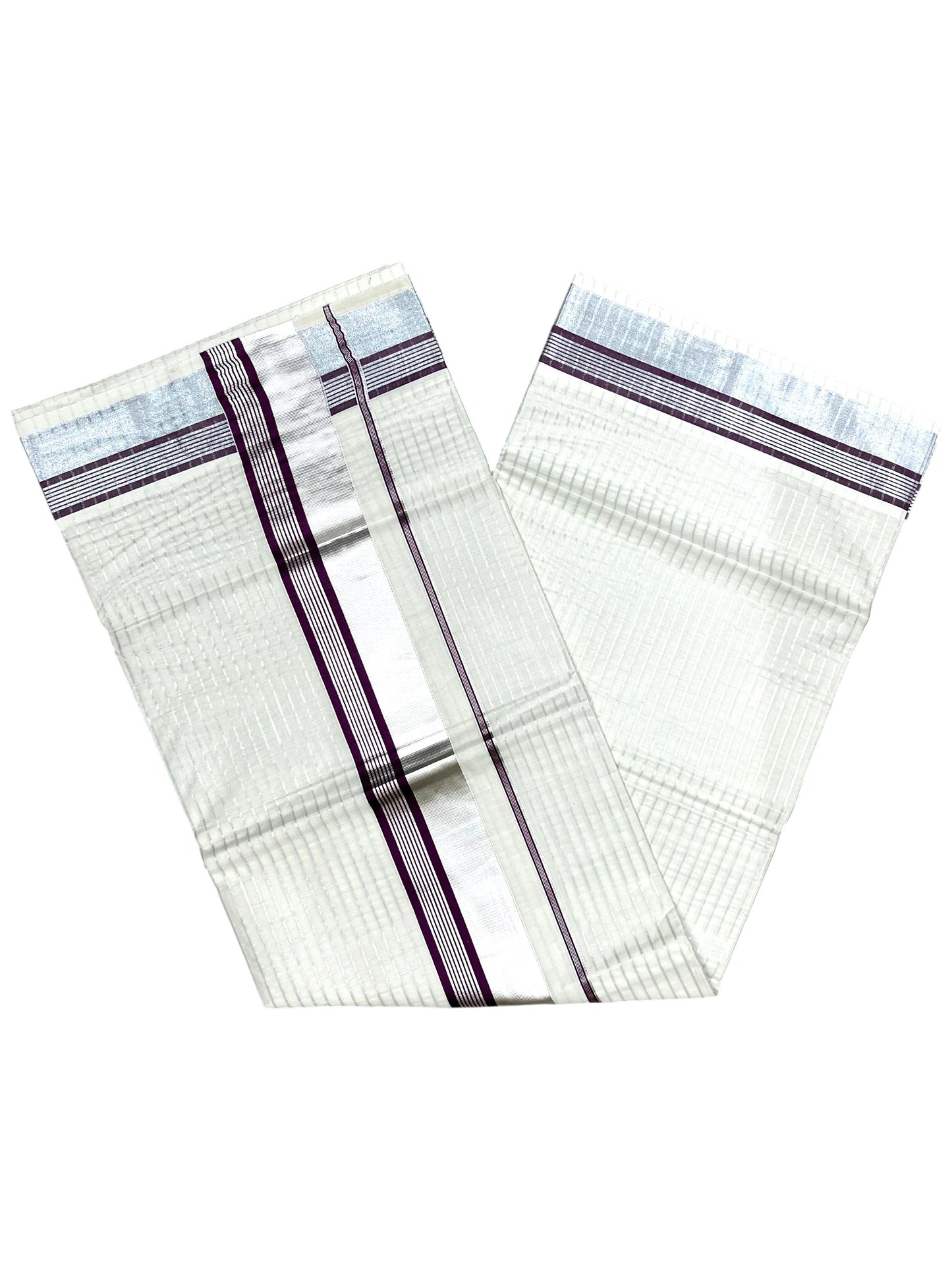 Southloom Pure Cotton Kerala Silver Kasavu Lines Saree with Purple and Silver Border
