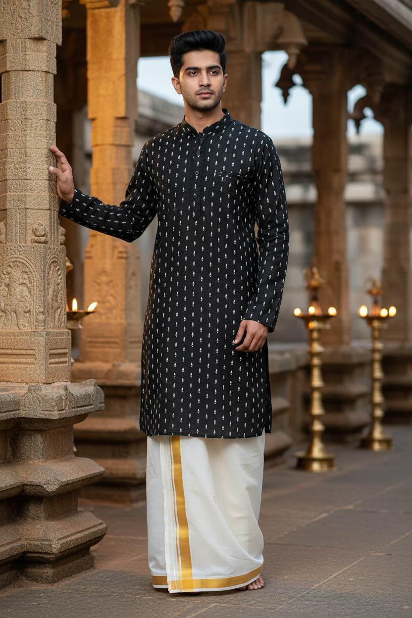 Southloom Black Woven Patterns Semi Silk Short Kurta for Men