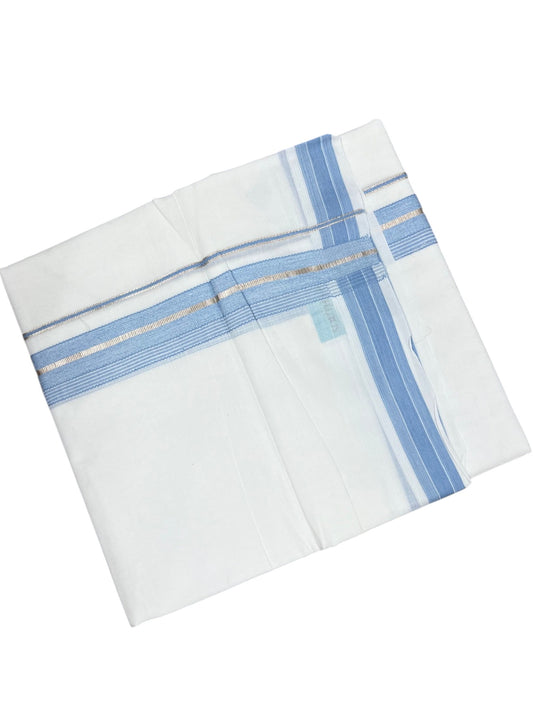 Southloom Kerala Pure White Cotton Double Mundu with Silver Line & Blue Border (South Indian Dhoti)