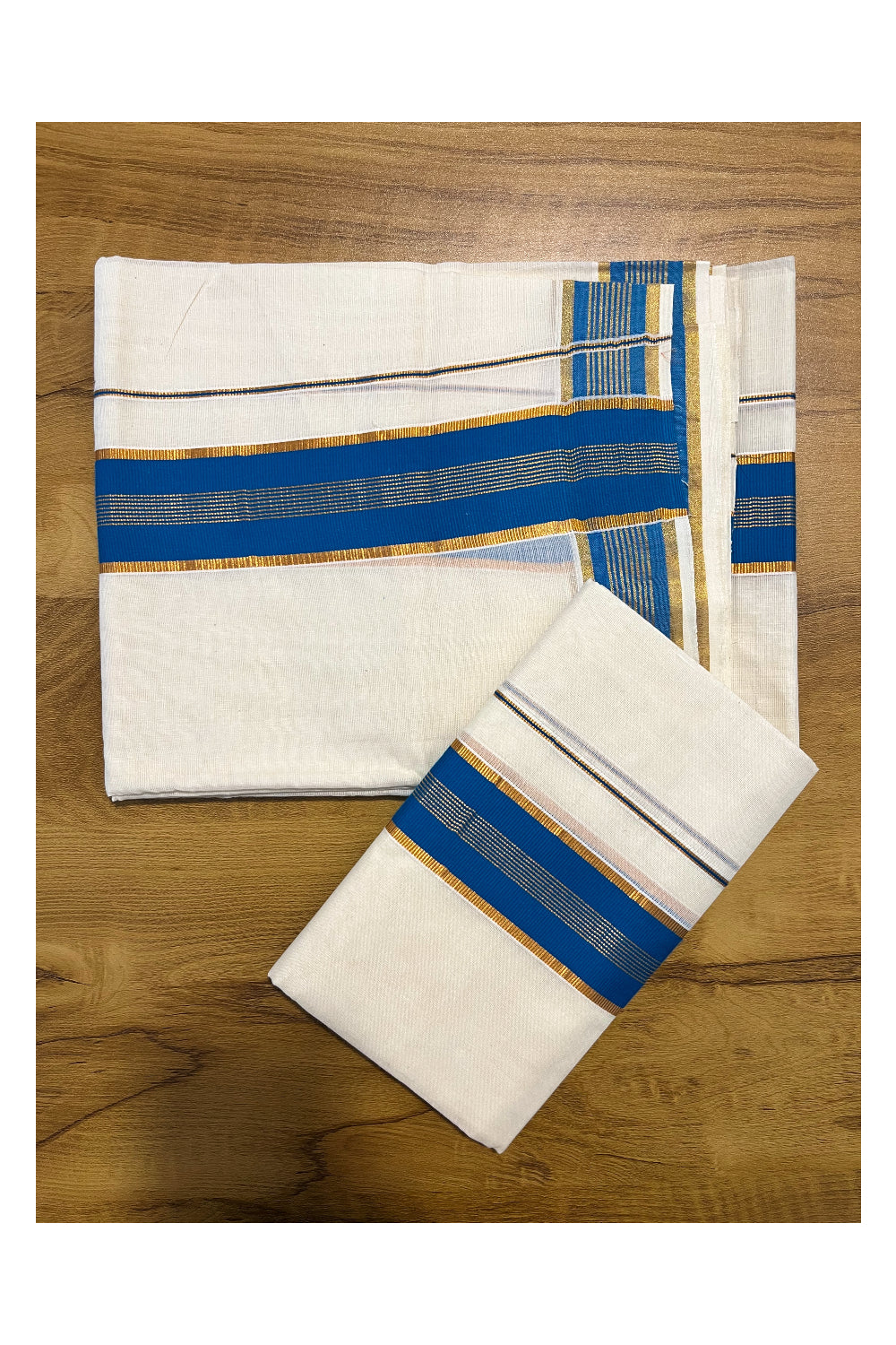 Kerala Cotton Set Mundu (Mundum Neriyathum) with Kasavu and Blue Border