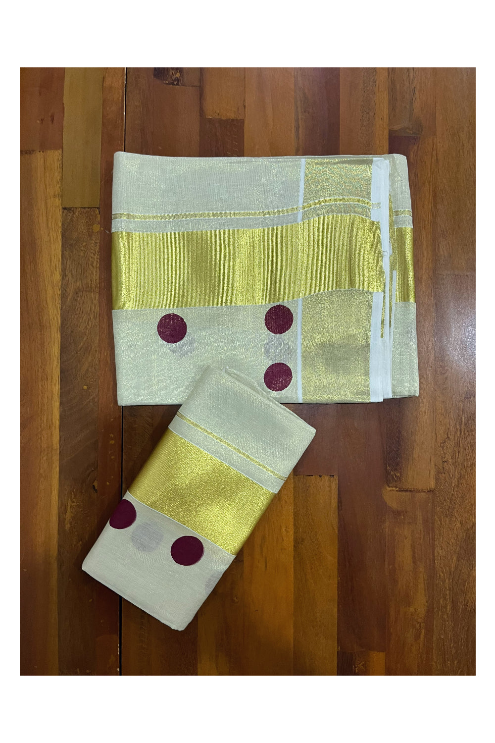 Kerala Tissue Kasavu Set Mundu (Mundum Neriyathum) with Maroon Polka Designs 2.80 Mtrs (Onam Set Mundu 2023)