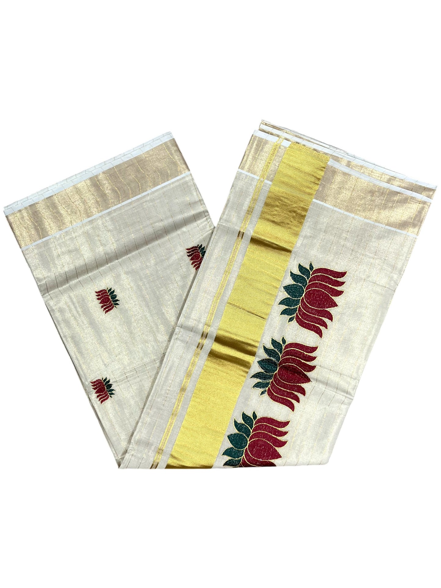 Southloom Kerala Tissue Lines Kasavu Saree with Maroon And Green Lotus Embroidery Works