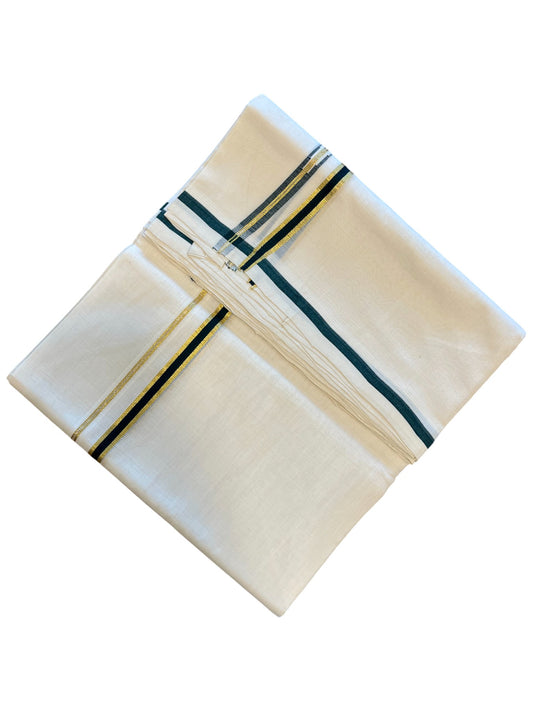 Southloom Premium Handloom Cotton Double Mundu with Golden and Green Border