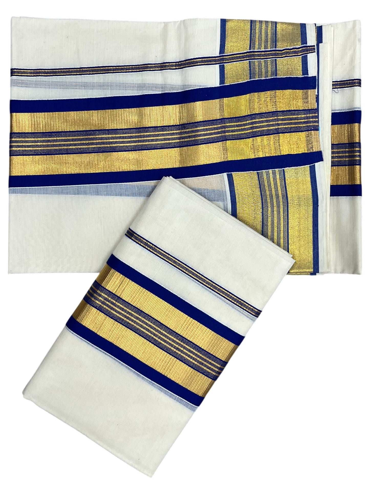 Southloom Pure Cotton Kerala  Set Mundu (Mundum Neriyathum) Single with Blue and Kasavu Border 2.80 Mtrs SLKK SL522