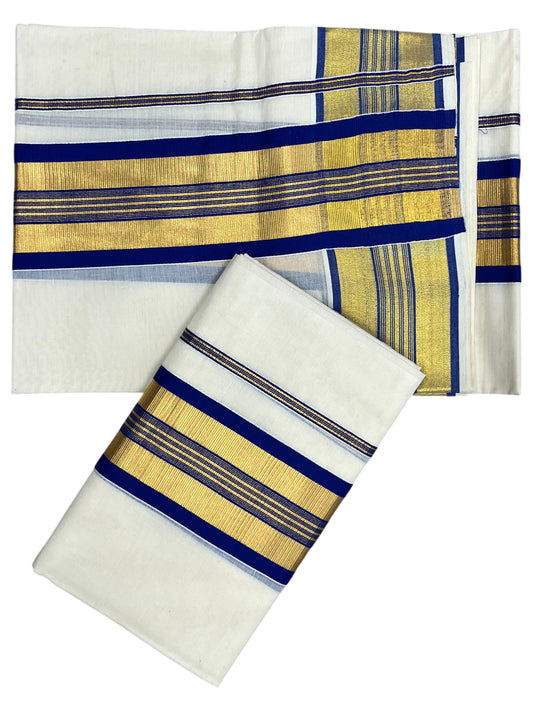 Southloom Pure Cotton Kerala Set Mundu (Mundum Neriyathum) Single with Blue and Kasavu Border 2.80 Mtrs SLKK SL522