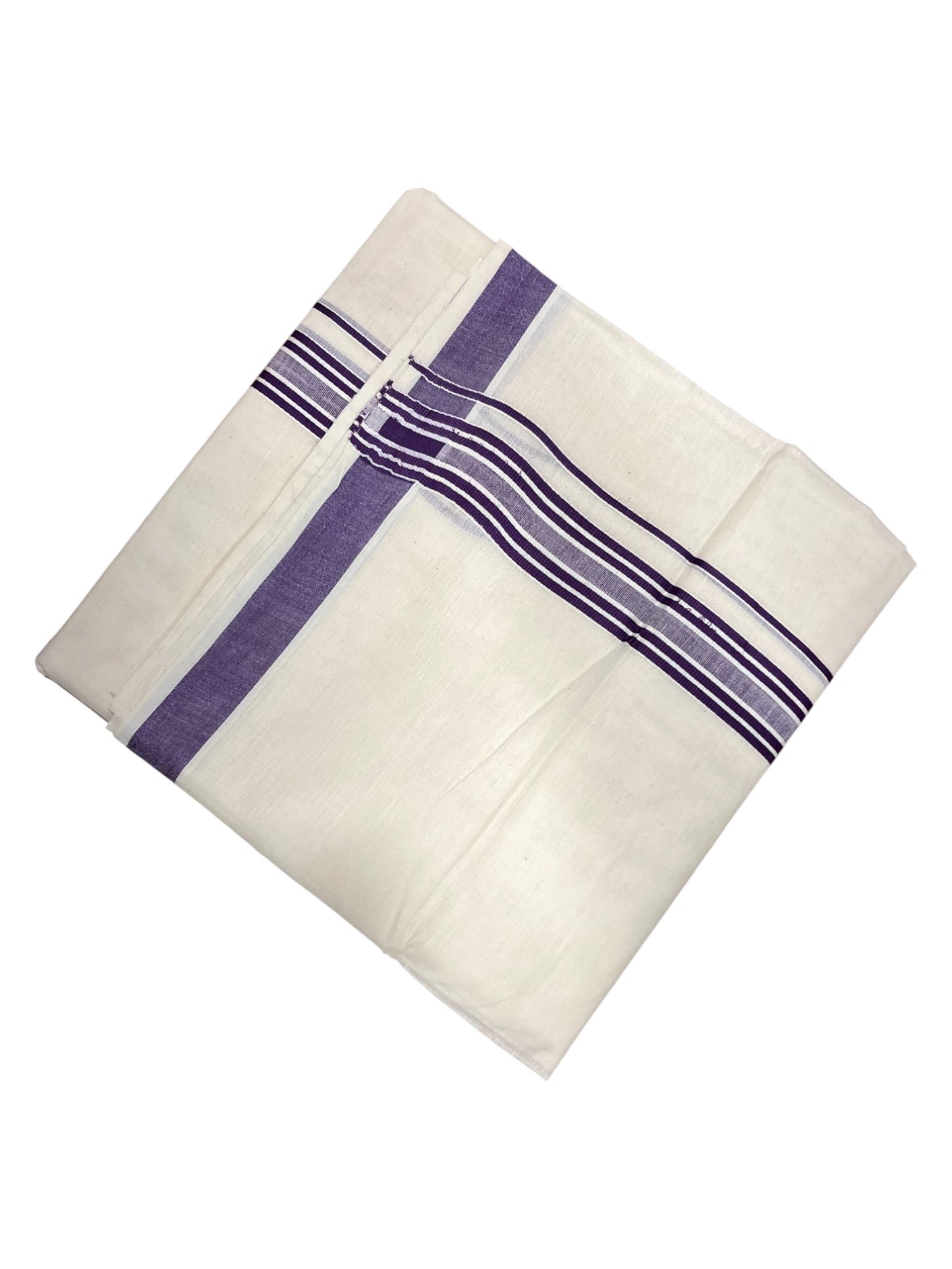 Southloom Pure Cotton Double Mundu With White Lines &Violet Border (South Indian Kerala Dhoti)