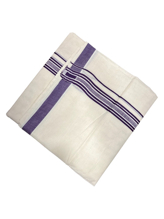 Southloom Pure Cotton Double Mundu With White Lines &Violet Border (South Indian Kerala Dhoti)