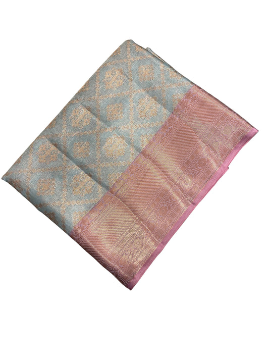 Southloom Tissue Silk Saree with Woven Work on Body and Borders (Pink & Blue)