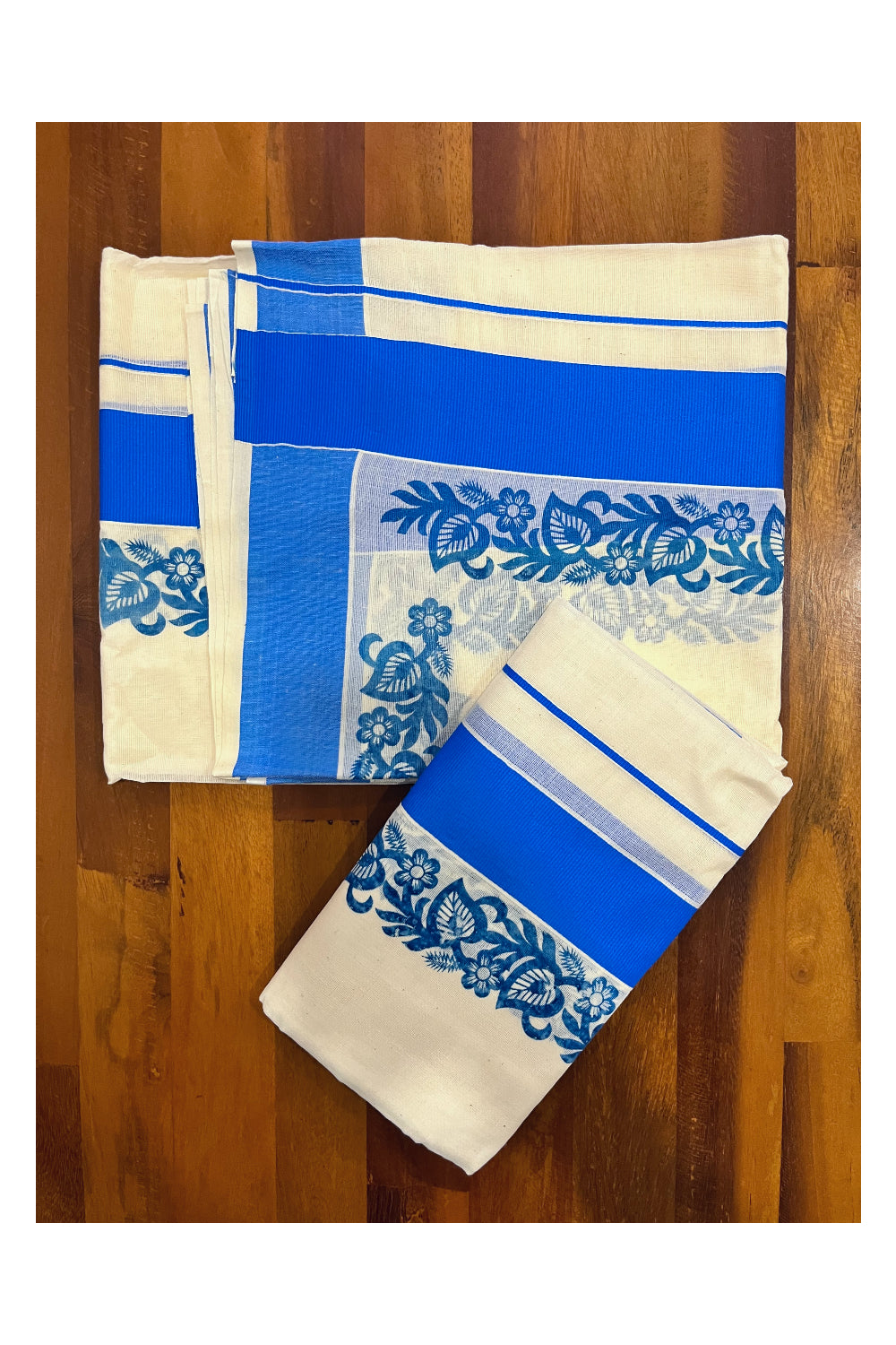 Kerala Pure Cotton Set Mundu Single (Mundum Neriyathum) with Blue Floral Block Prints