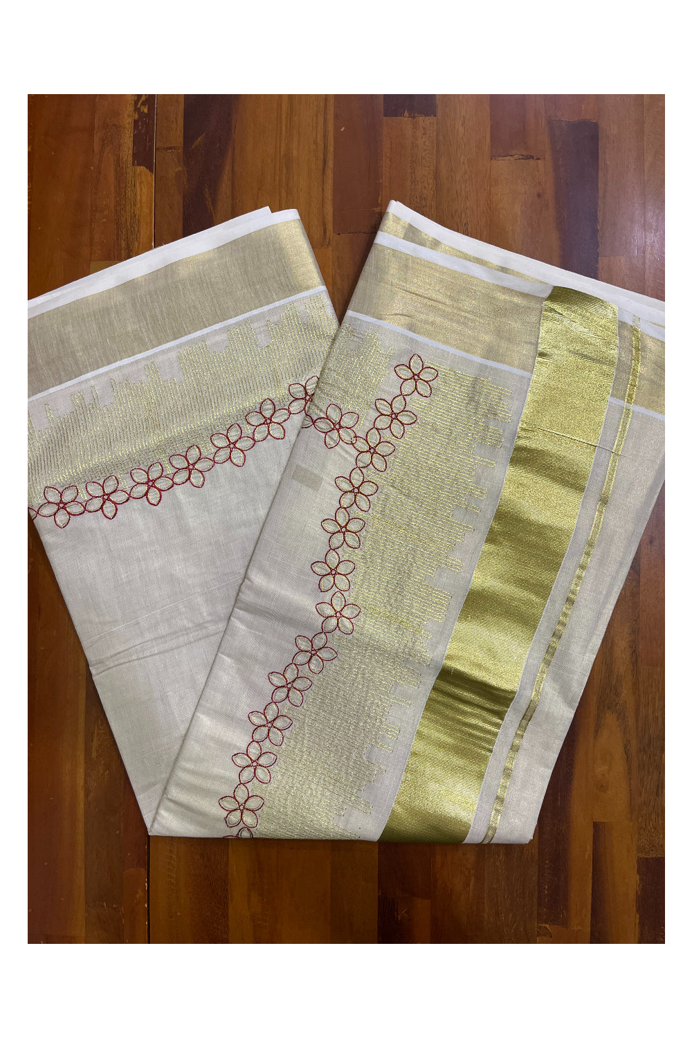 Kerala Kasavu Tissue Saree with Floral Thread works on Border