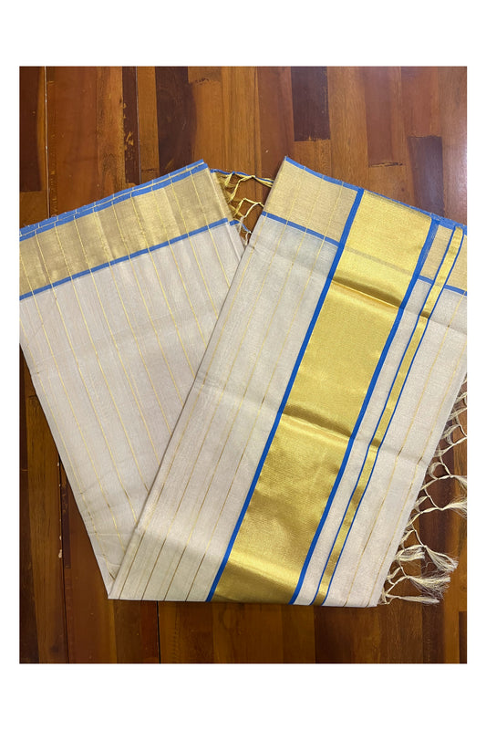 Southloom Premium Balaramapuram Handloom Tissue Kasavu Lines Design Kerala Saree with Blue Border